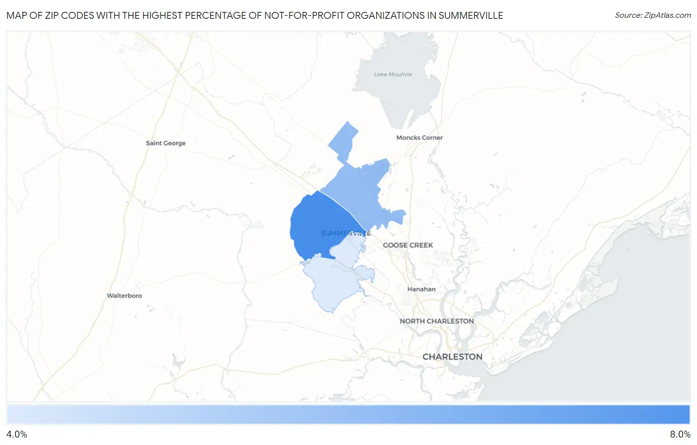 Zip Codes with the Highest Percentage of Not-for-profit Organizations in Summerville Map