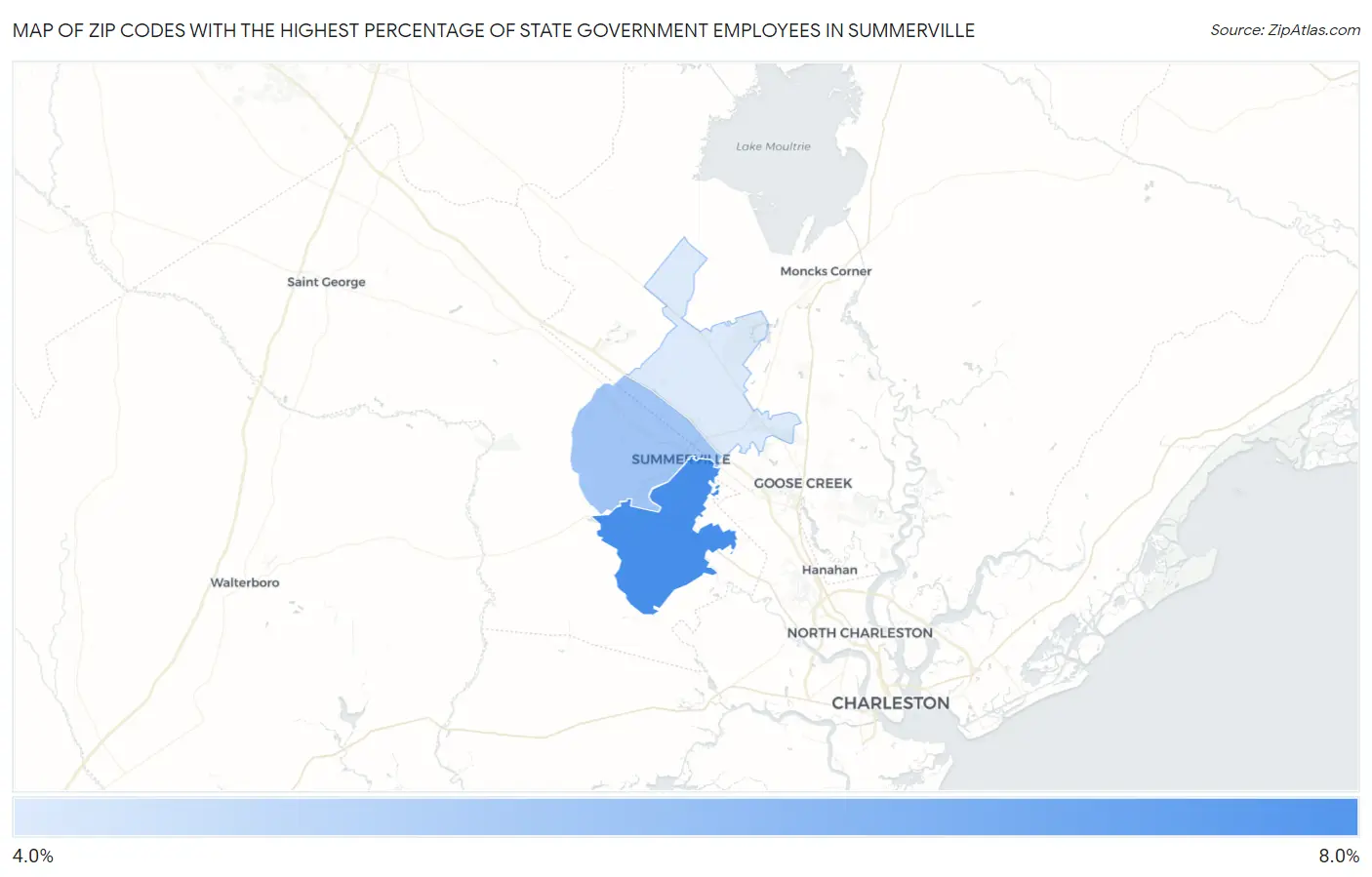 Zip Codes with the Highest Percentage of State Government Employees in Summerville Map