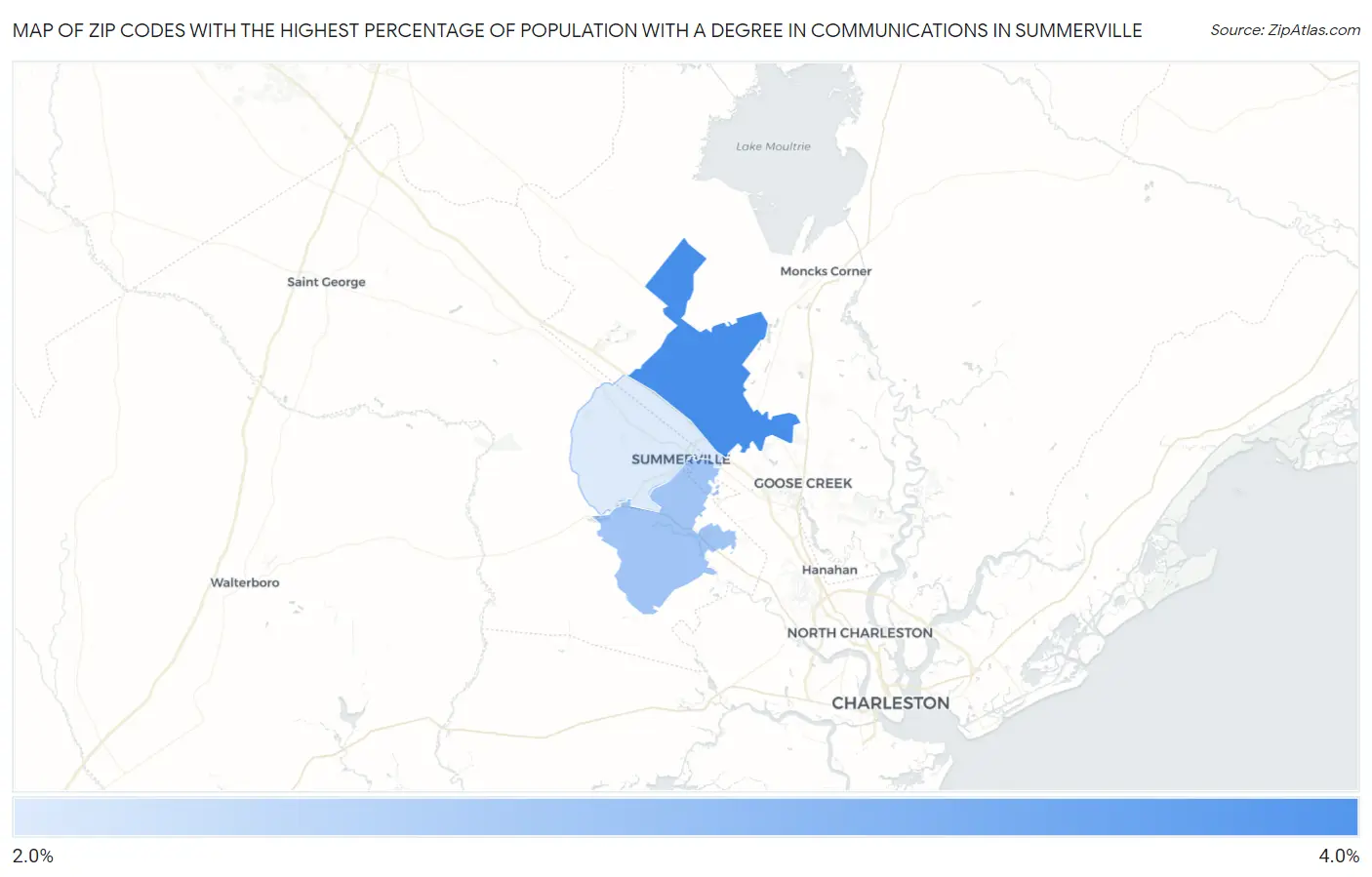 Zip Codes with the Highest Percentage of Population with a Degree in Communications in Summerville Map