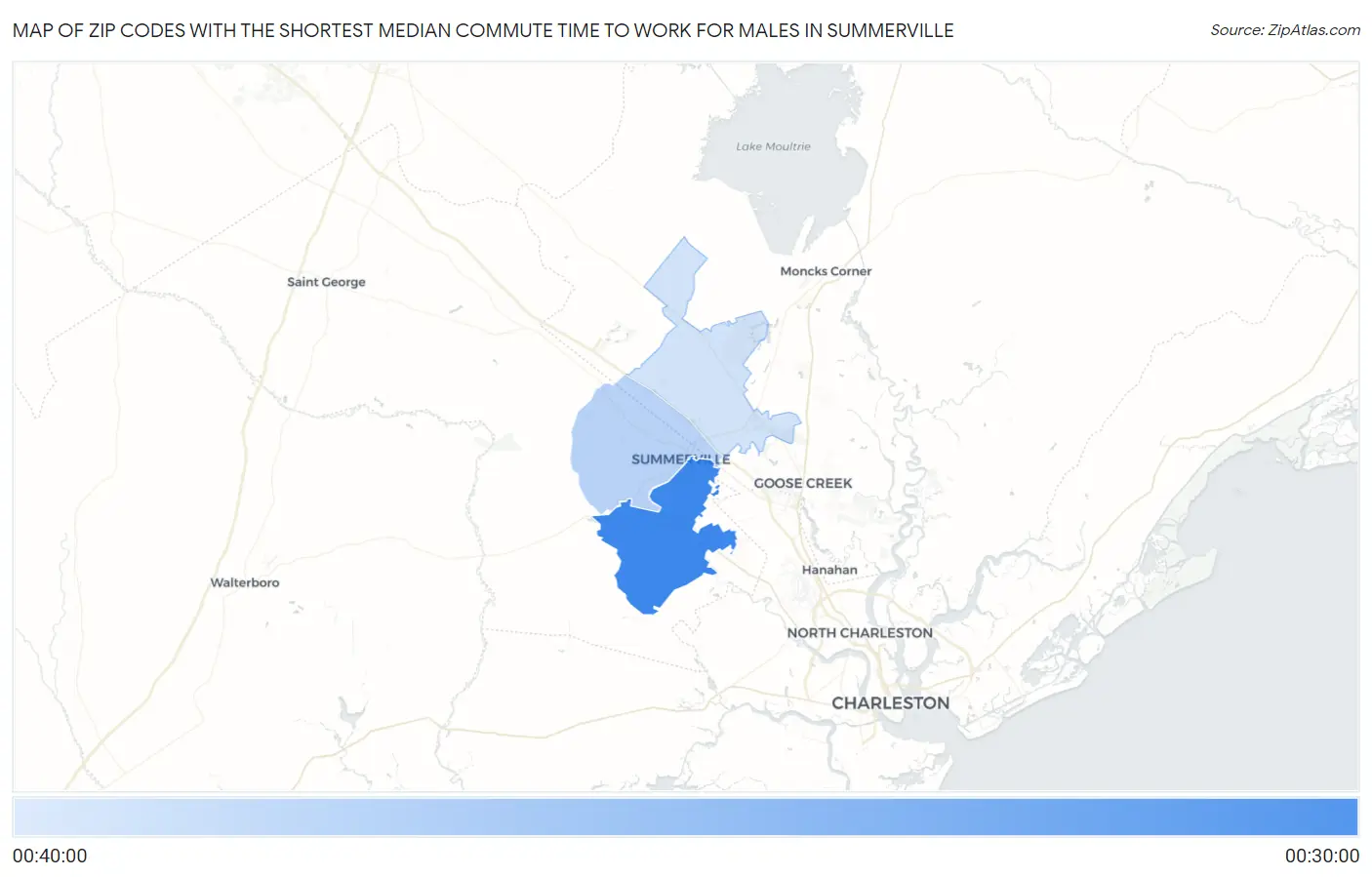 Zip Codes with the Shortest Median Commute Time to Work for Males in Summerville Map