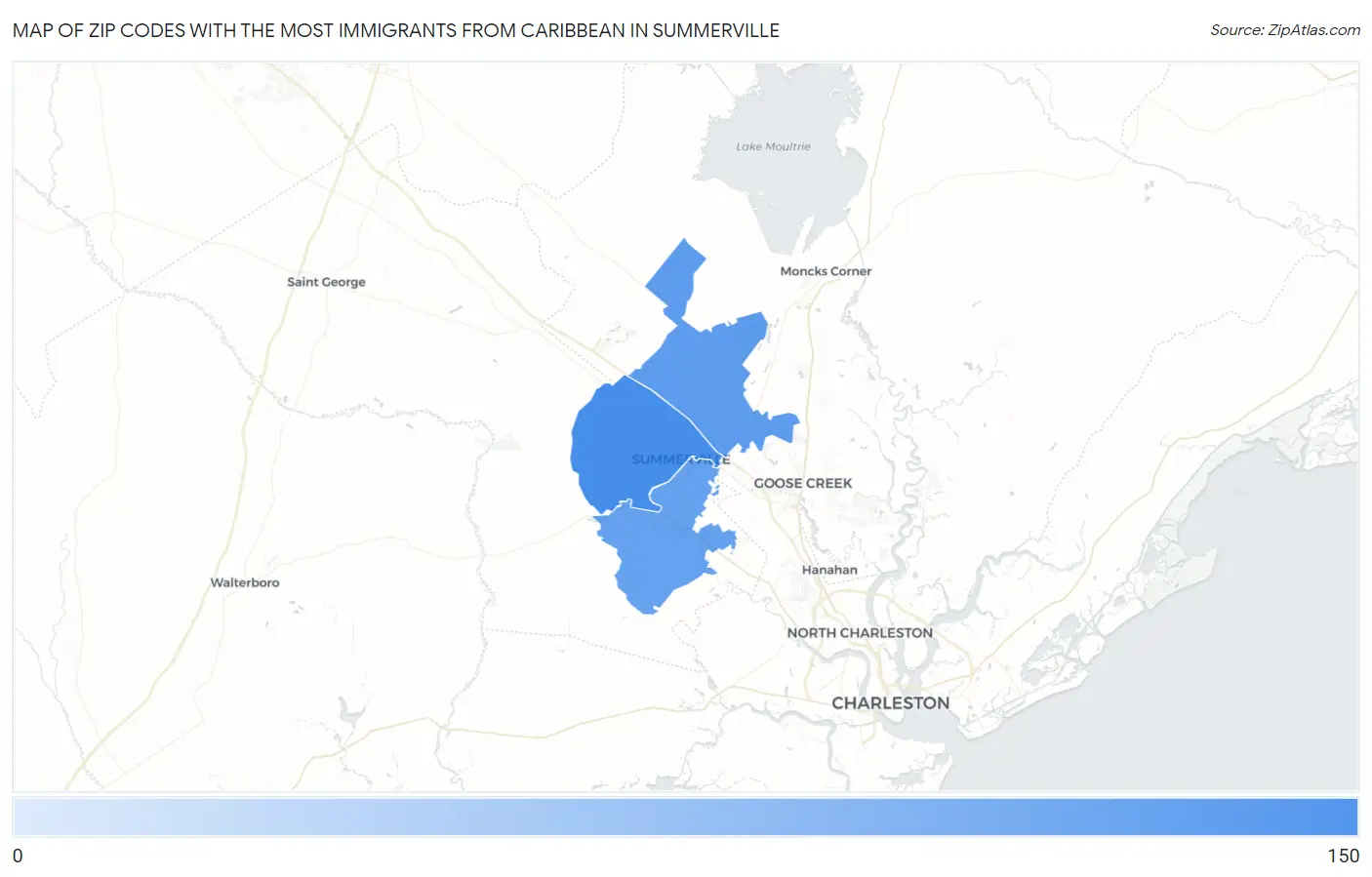 Zip Codes with the Most Immigrants from Caribbean in Summerville Map
