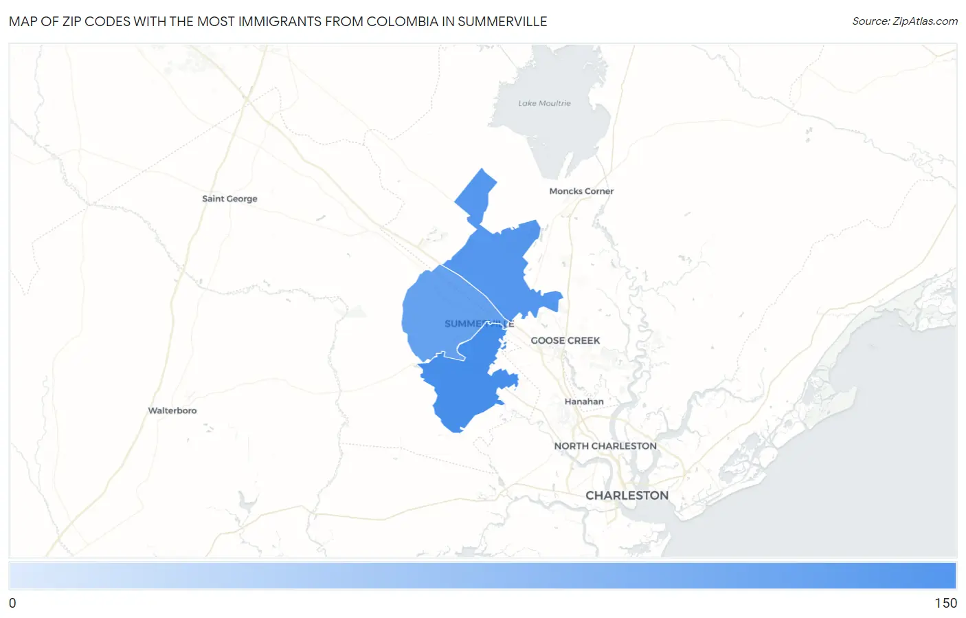 Zip Codes with the Most Immigrants from Colombia in Summerville Map