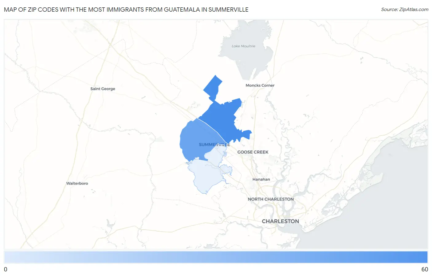 Zip Codes with the Most Immigrants from Guatemala in Summerville Map