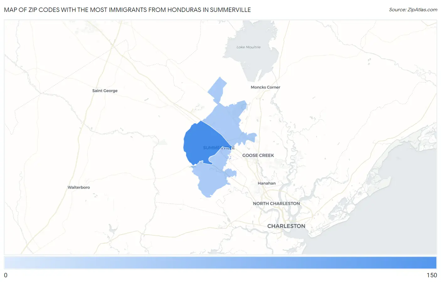 Zip Codes with the Most Immigrants from Honduras in Summerville Map