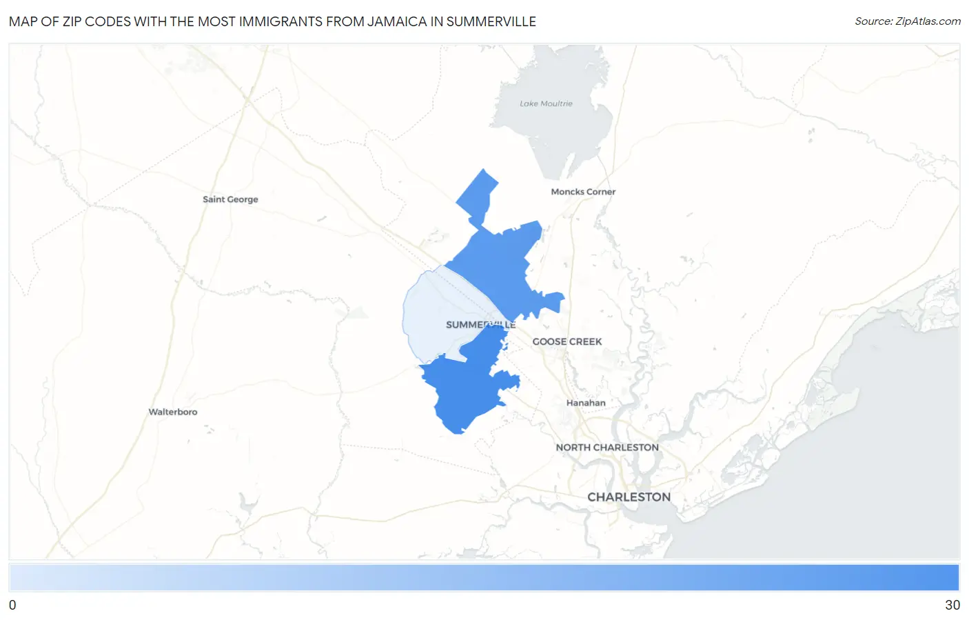 Zip Codes with the Most Immigrants from Jamaica in Summerville Map