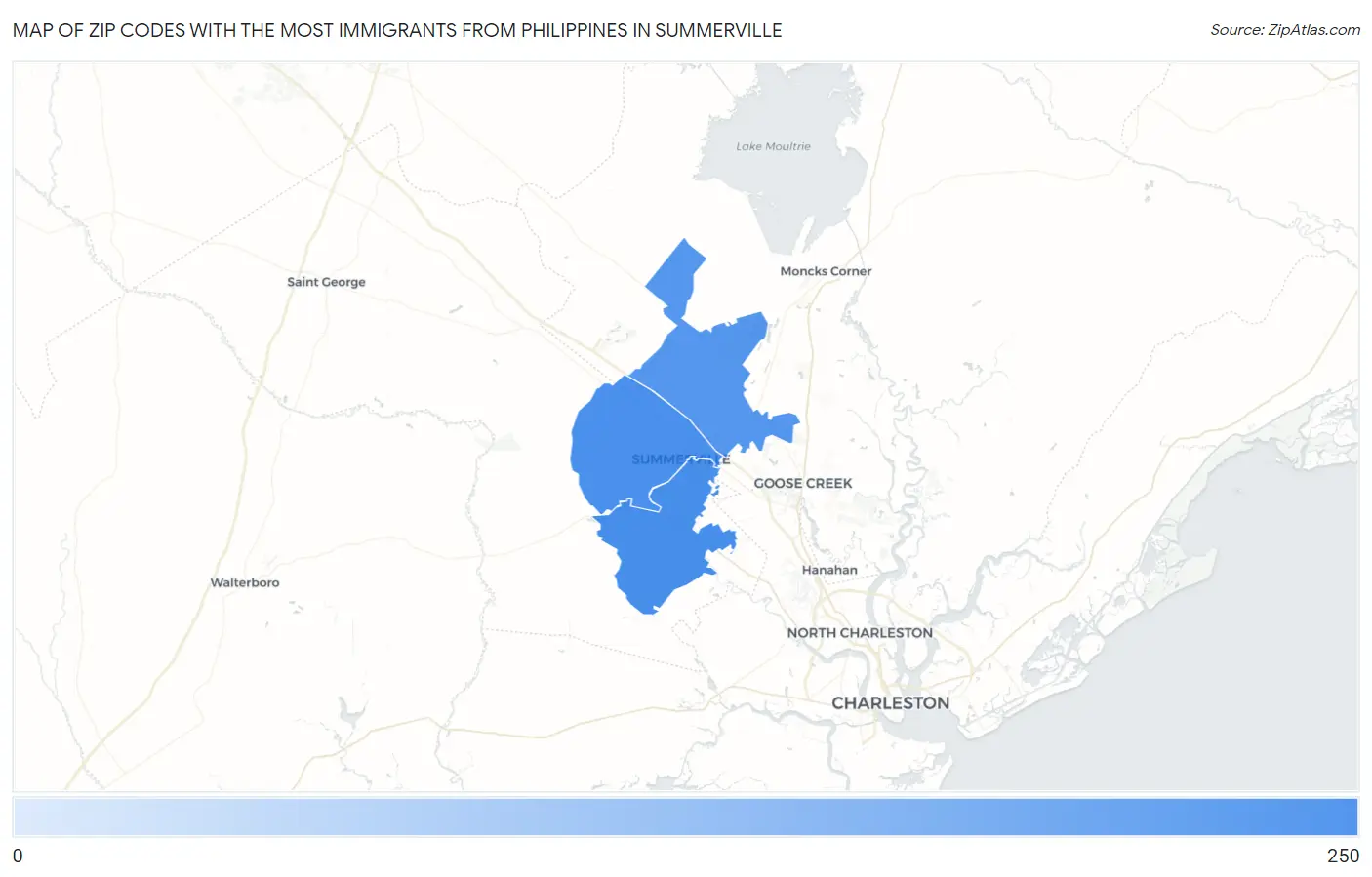 Zip Codes with the Most Immigrants from Philippines in Summerville Map