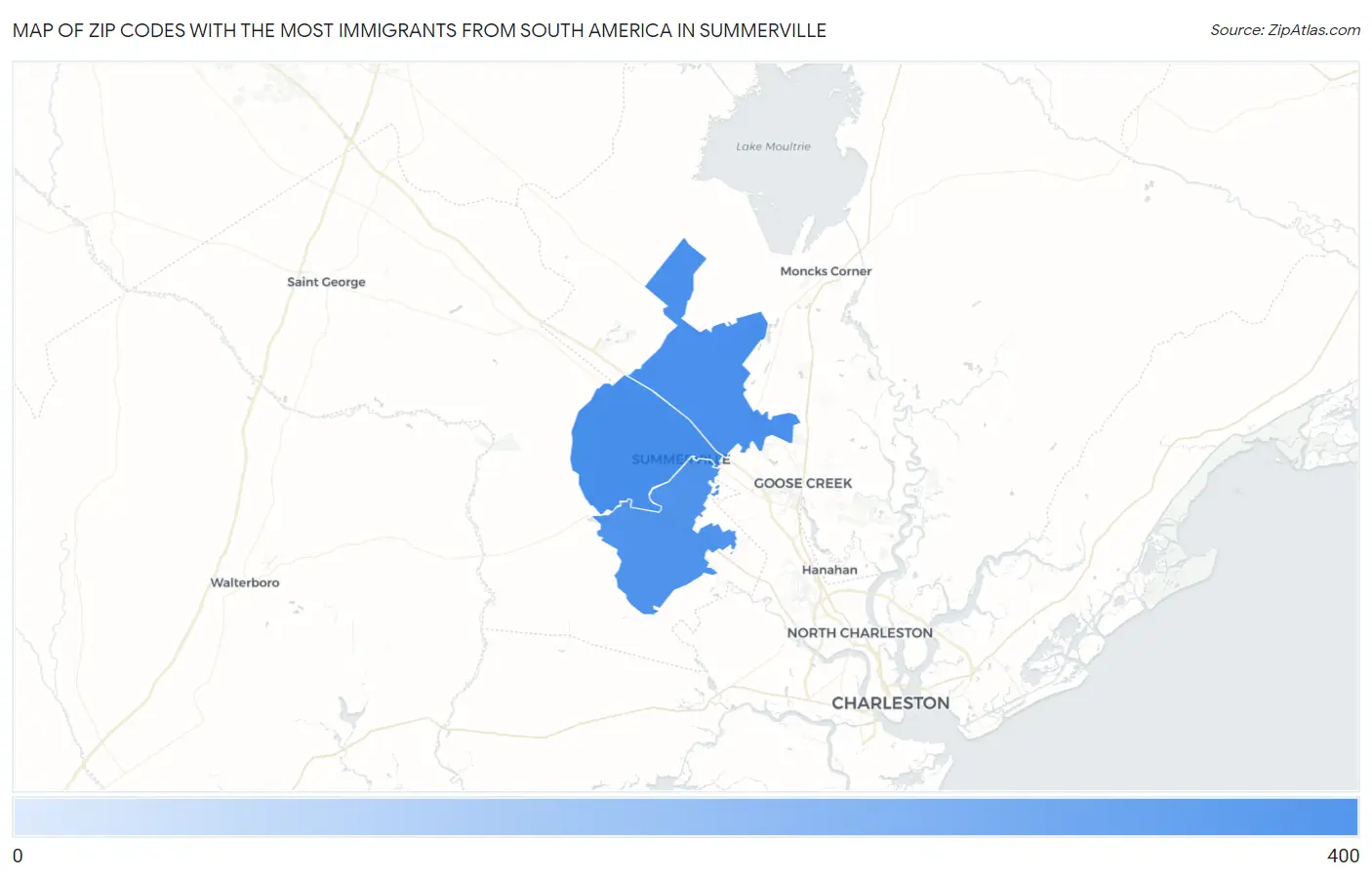 Zip Codes with the Most Immigrants from South America in Summerville Map