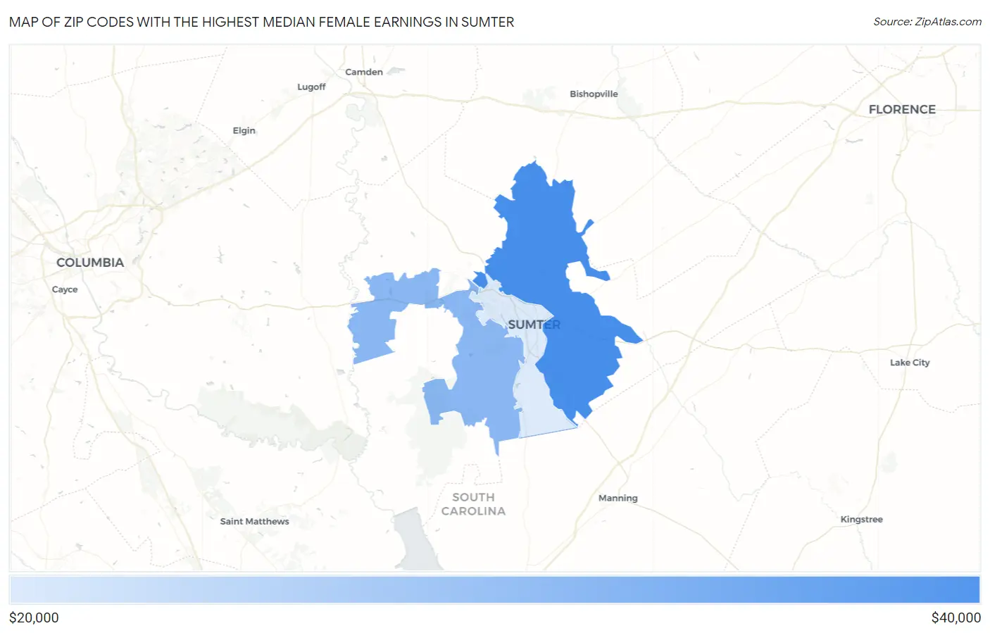 Zip Codes with the Highest Median Female Earnings in Sumter Map