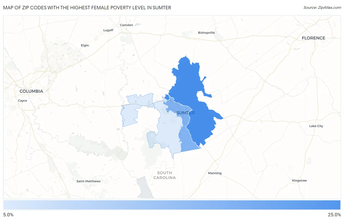 Zip Codes with the Highest Female Poverty Level in Sumter Map