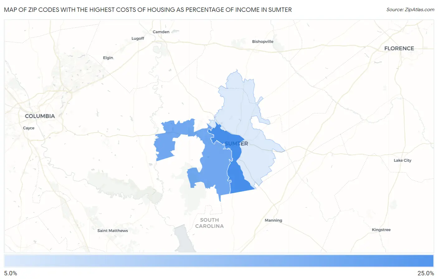 Zip Codes with the Highest Costs of Housing as Percentage of Income in Sumter Map