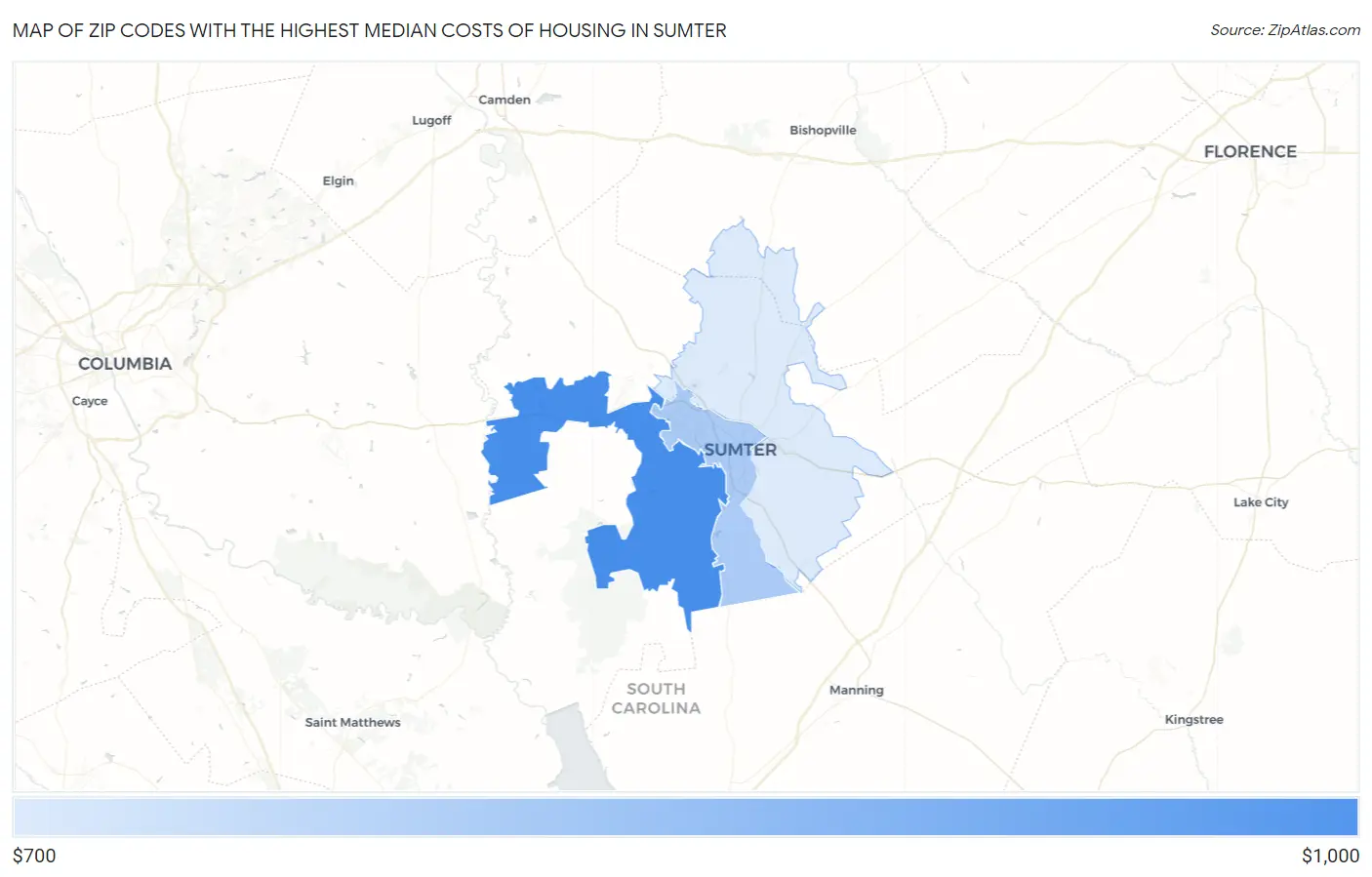 Zip Codes with the Highest Median Costs of Housing in Sumter Map