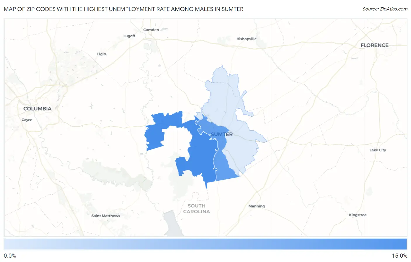 Zip Codes with the Highest Unemployment Rate Among Males in Sumter Map