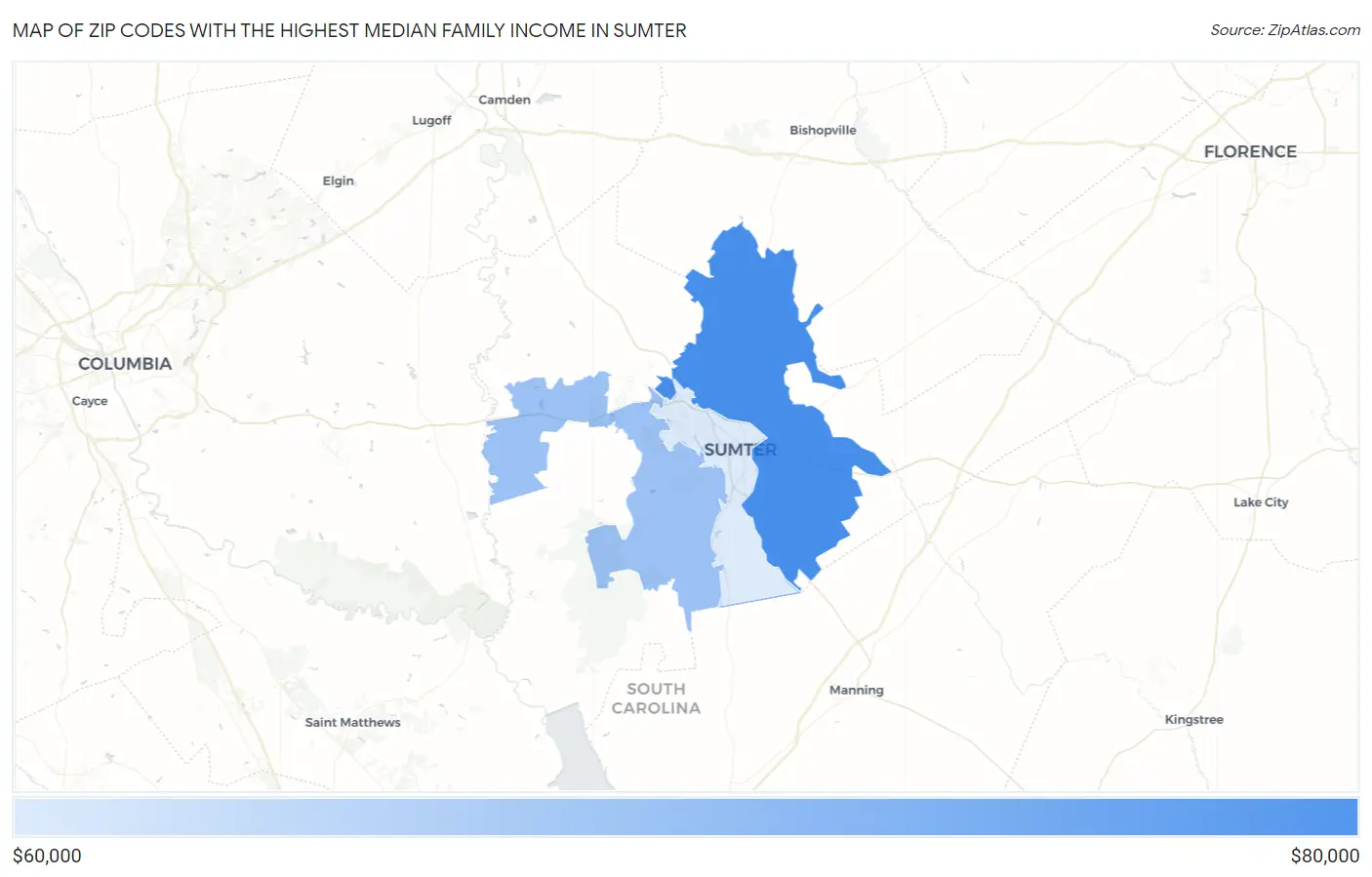 Zip Codes with the Highest Median Family Income in Sumter Map