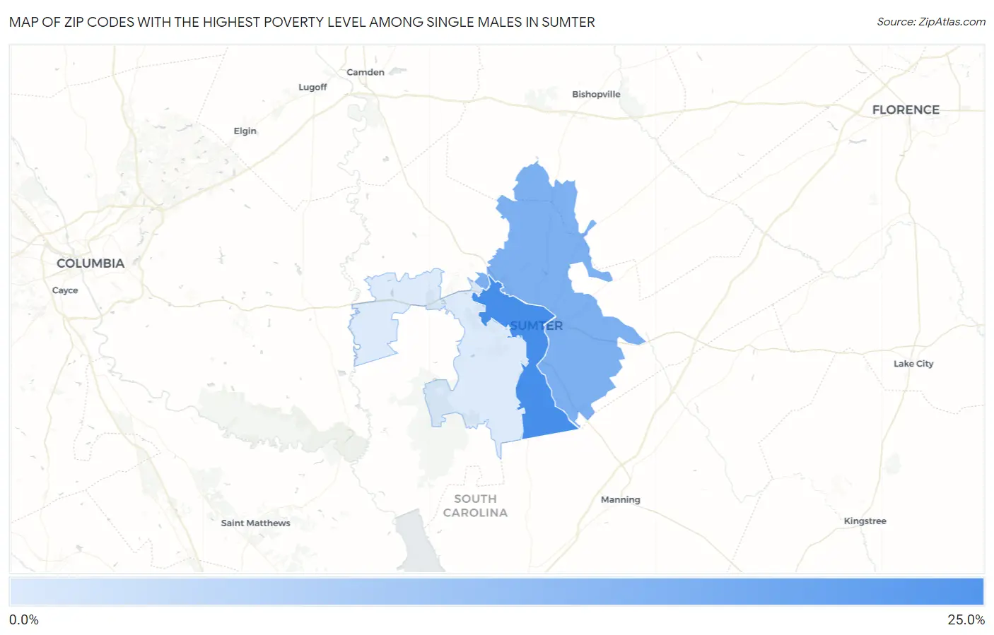 Zip Codes with the Highest Poverty Level Among Single Males in Sumter Map