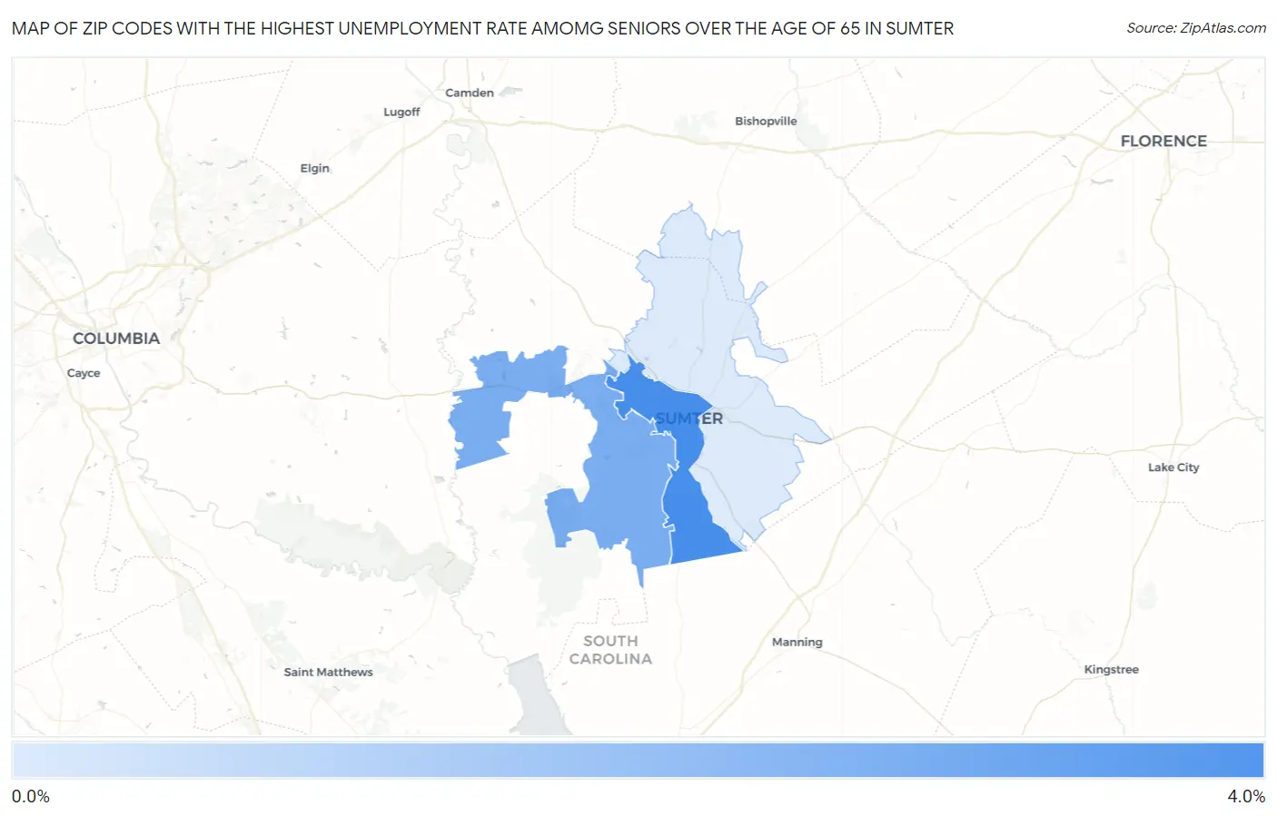 Zip Codes with the Highest Unemployment Rate Amomg Seniors Over the Age of 65 in Sumter Map