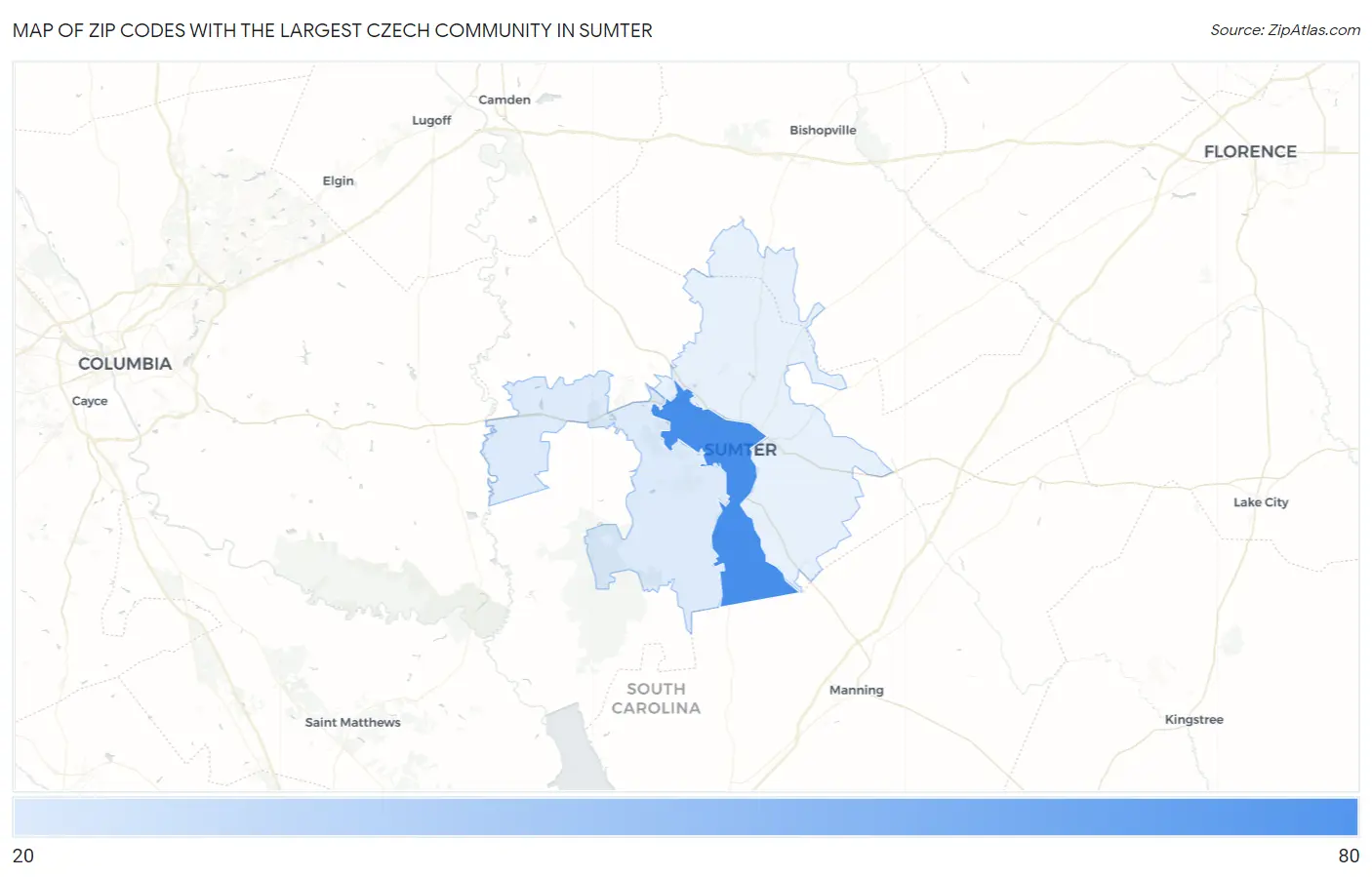 Zip Codes with the Largest Czech Community in Sumter Map