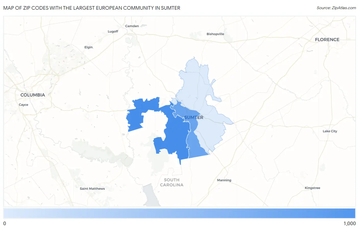 Zip Codes with the Largest European Community in Sumter Map