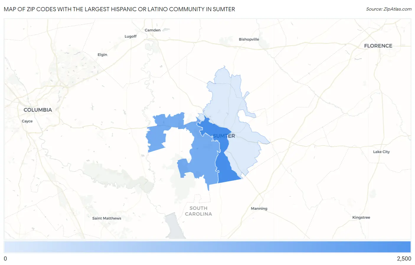 Zip Codes with the Largest Hispanic or Latino Community in Sumter Map