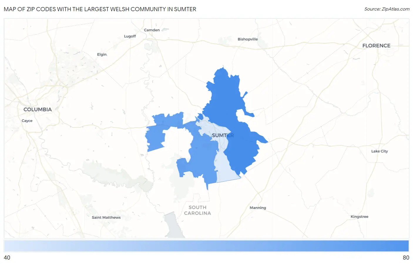 Zip Codes with the Largest Welsh Community in Sumter Map