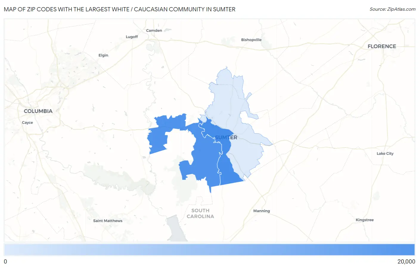 Zip Codes with the Largest White / Caucasian Community in Sumter Map