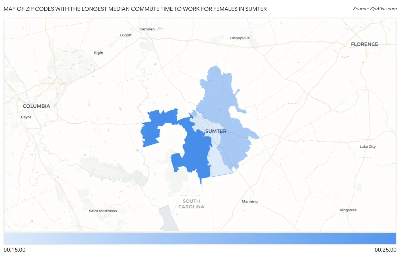 Zip Codes with the Longest Median Commute Time to Work for Females in Sumter Map