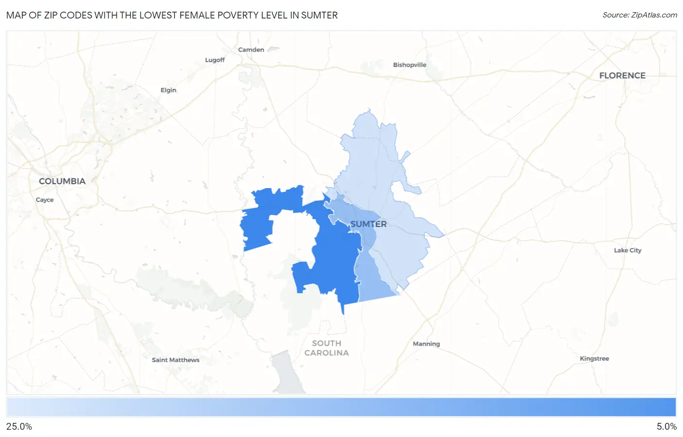 Zip Codes with the Lowest Female Poverty Level in Sumter Map