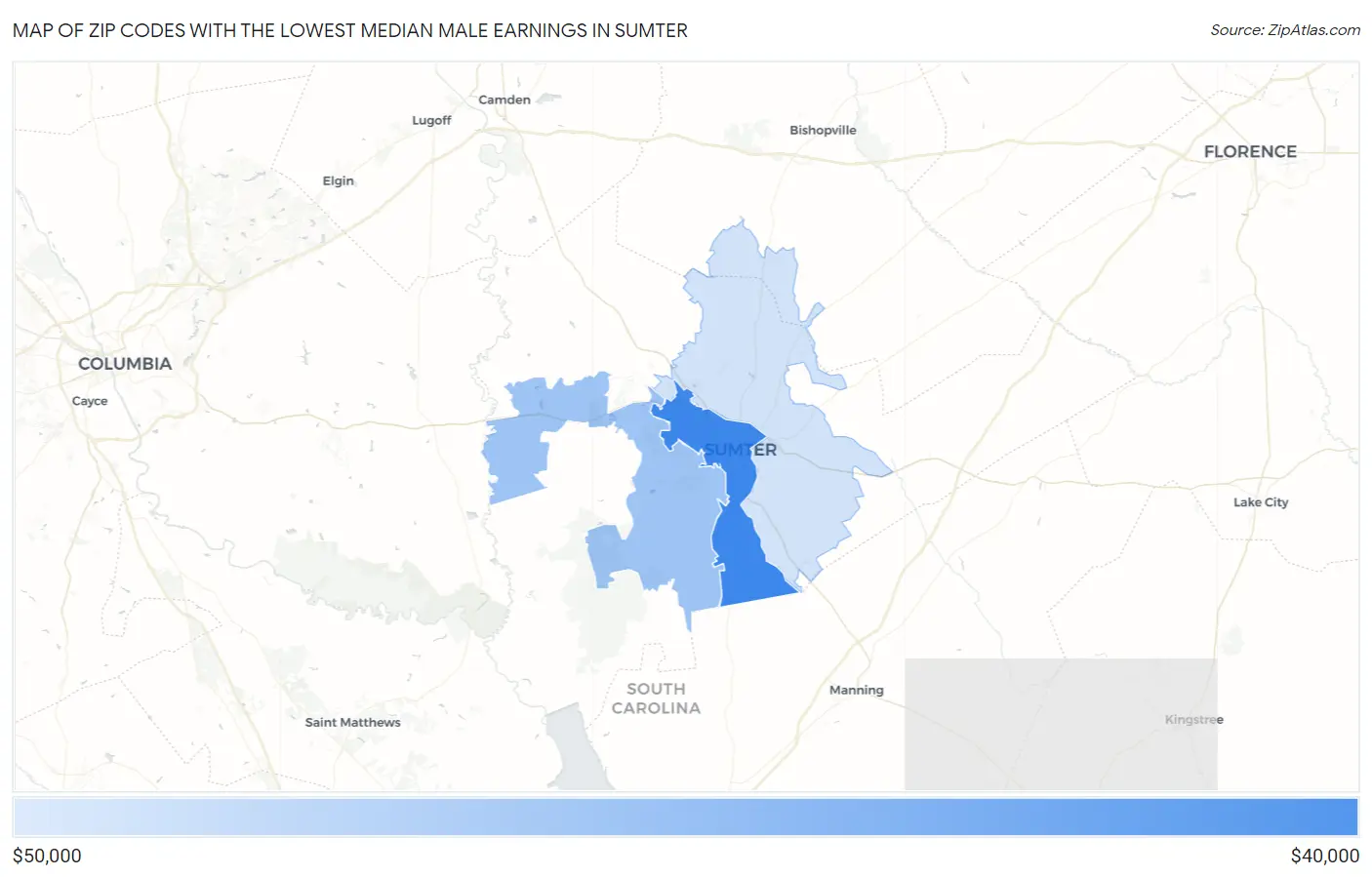Zip Codes with the Lowest Median Male Earnings in Sumter Map