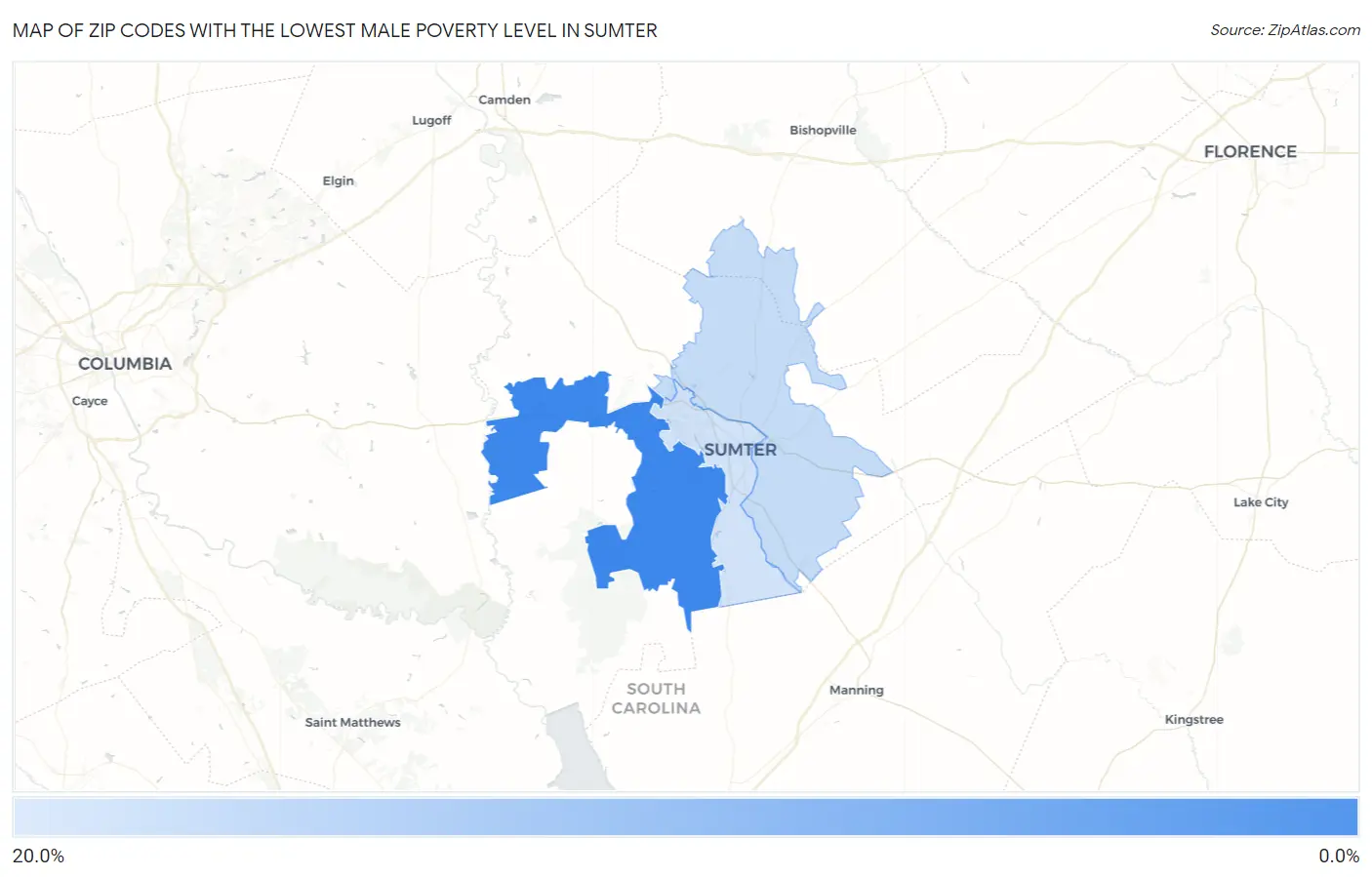 Zip Codes with the Lowest Male Poverty Level in Sumter Map