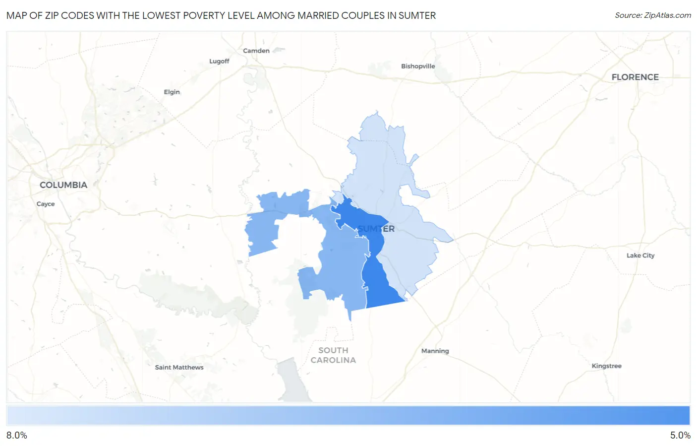 Zip Codes with the Lowest Poverty Level Among Married Couples in Sumter Map