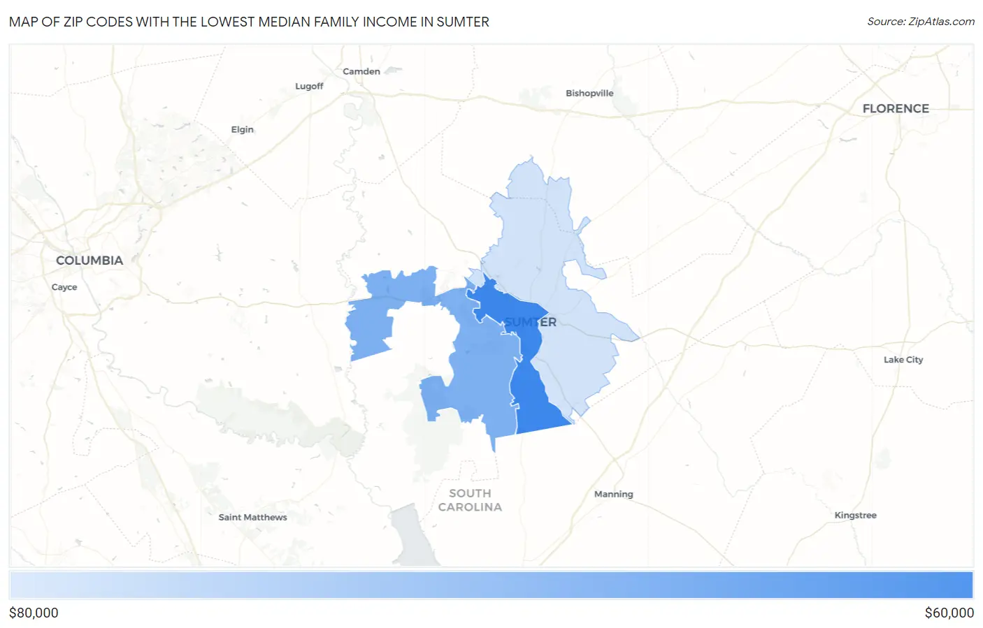 Zip Codes with the Lowest Median Family Income in Sumter Map