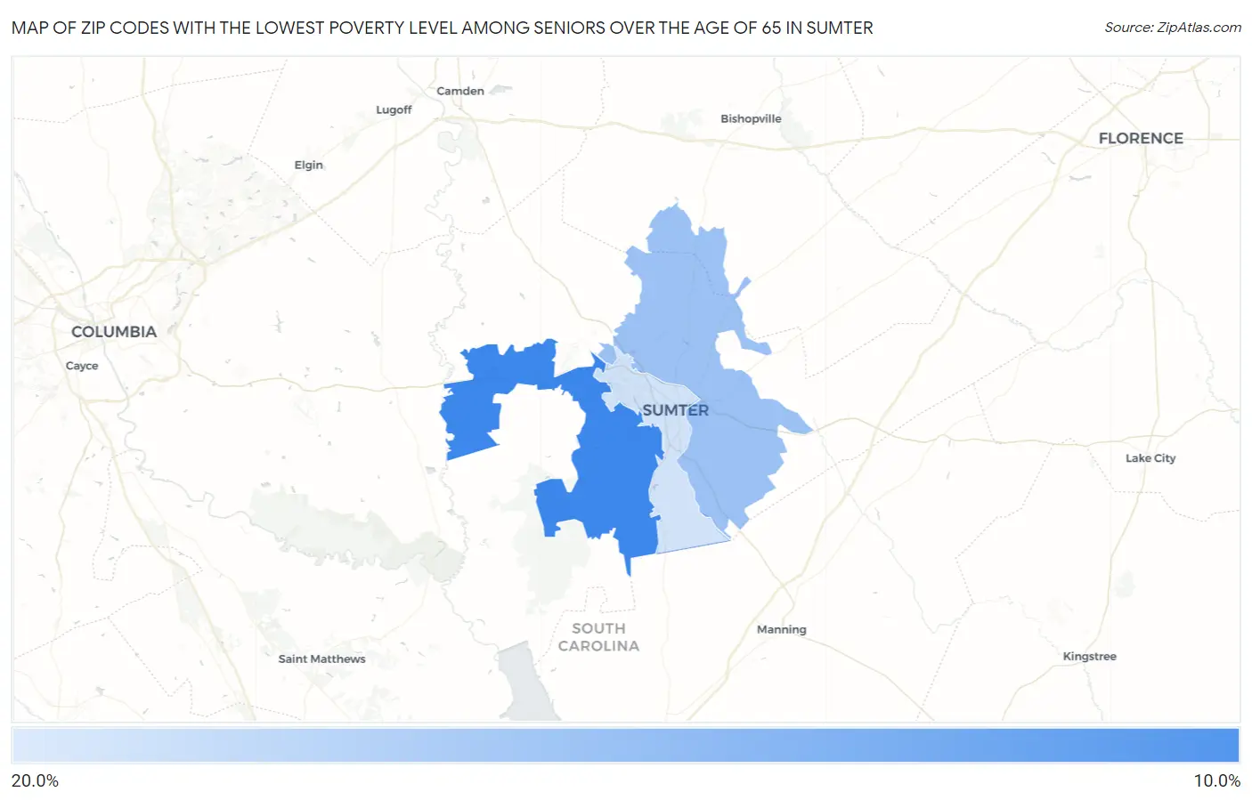 Zip Codes with the Lowest Poverty Level Among Seniors Over the Age of 65 in Sumter Map
