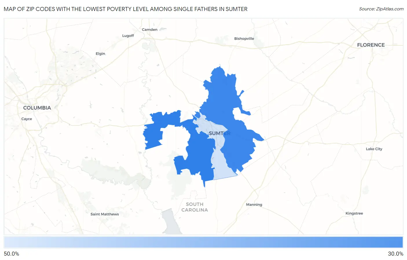 Zip Codes with the Lowest Poverty Level Among Single Fathers in Sumter Map