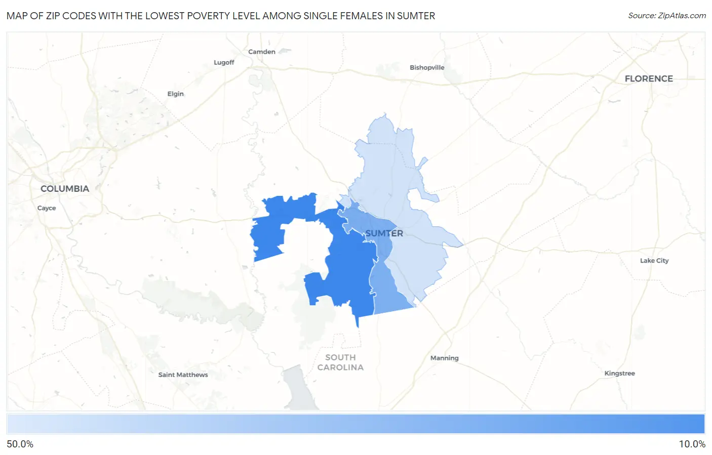 Zip Codes with the Lowest Poverty Level Among Single Females in Sumter Map