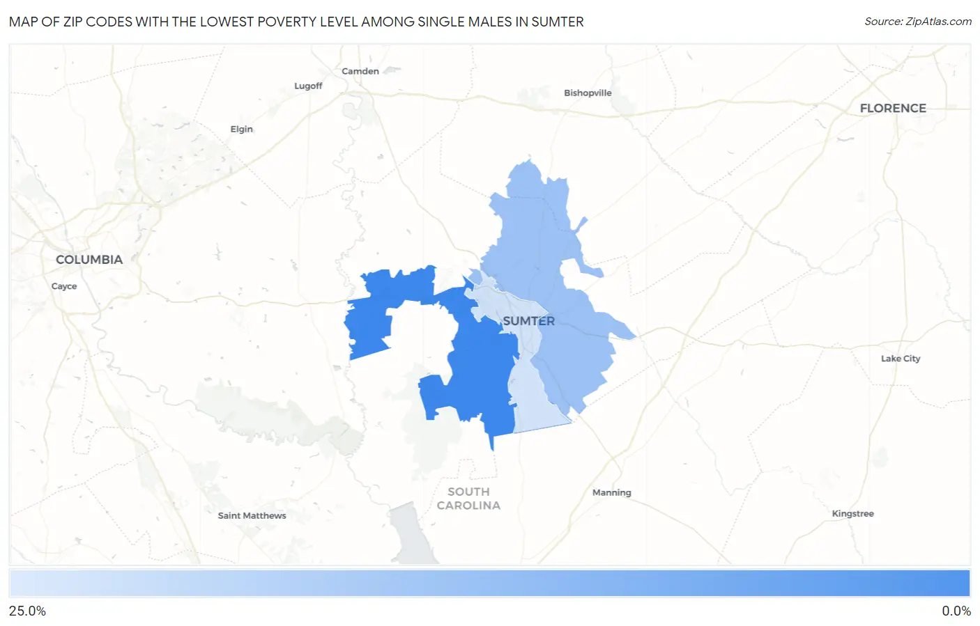 Zip Codes with the Lowest Poverty Level Among Single Males in Sumter Map