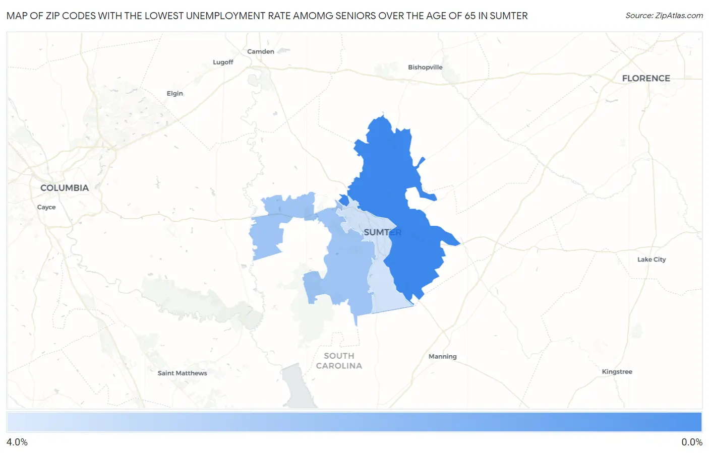 Zip Codes with the Lowest Unemployment Rate Amomg Seniors Over the Age of 65 in Sumter Map