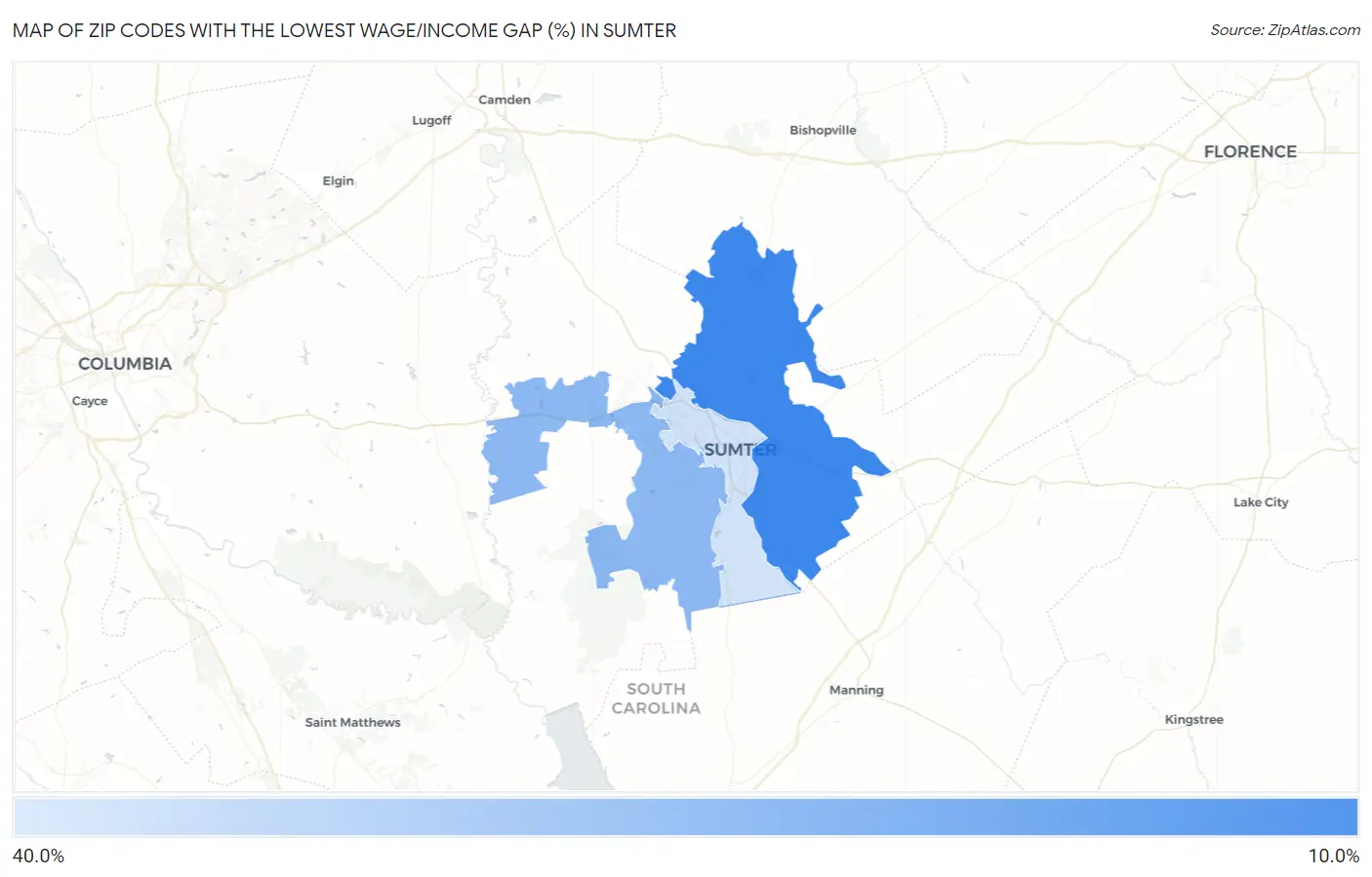Zip Codes with the Lowest Wage/Income Gap (%) in Sumter Map