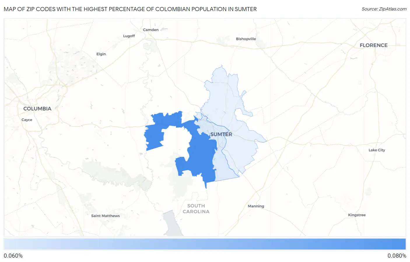 Zip Codes with the Highest Percentage of Colombian Population in Sumter Map