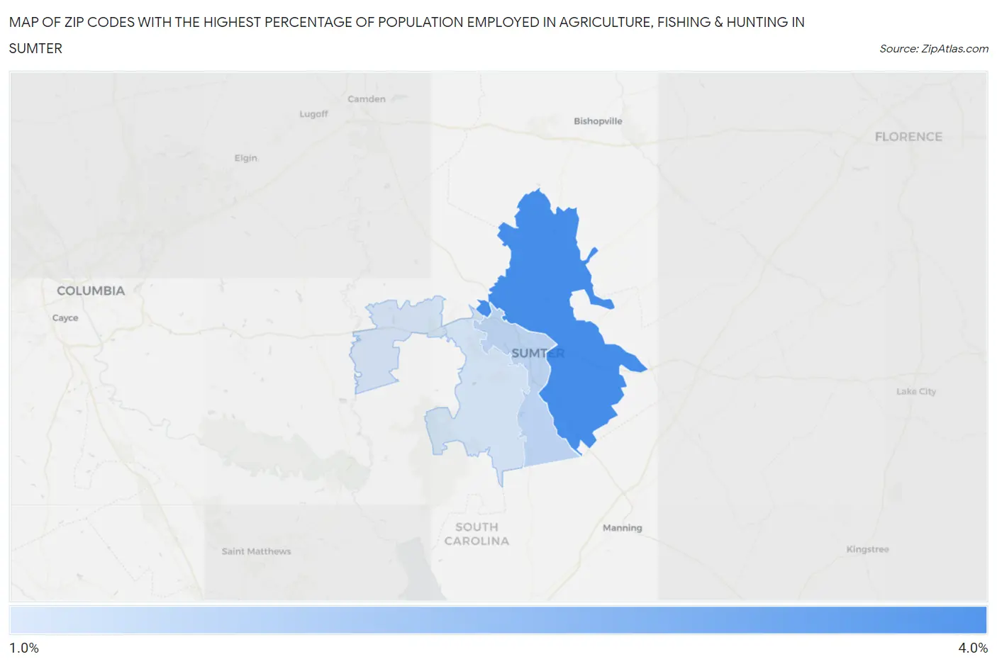 Zip Codes with the Highest Percentage of Population Employed in Agriculture, Fishing & Hunting in Sumter Map