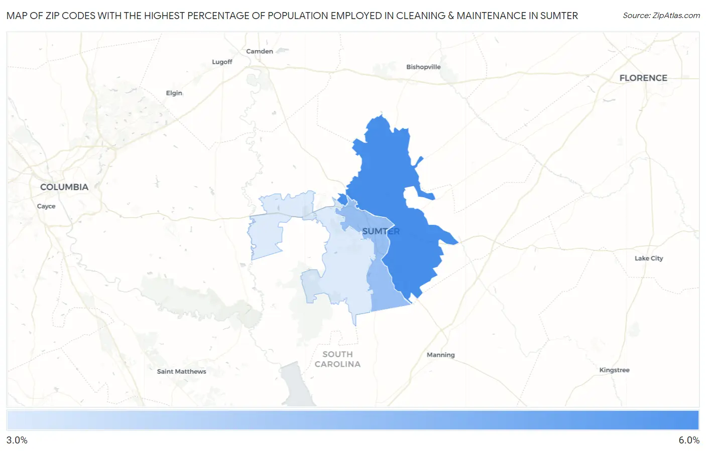 Zip Codes with the Highest Percentage of Population Employed in Cleaning & Maintenance in Sumter Map