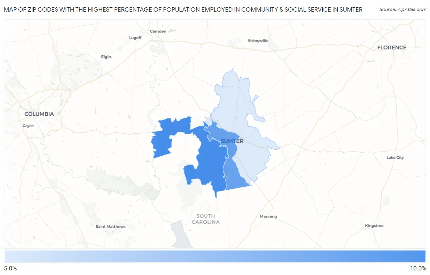 Zip Codes with the Highest Percentage of Population Employed in Community & Social Service  in Sumter Map