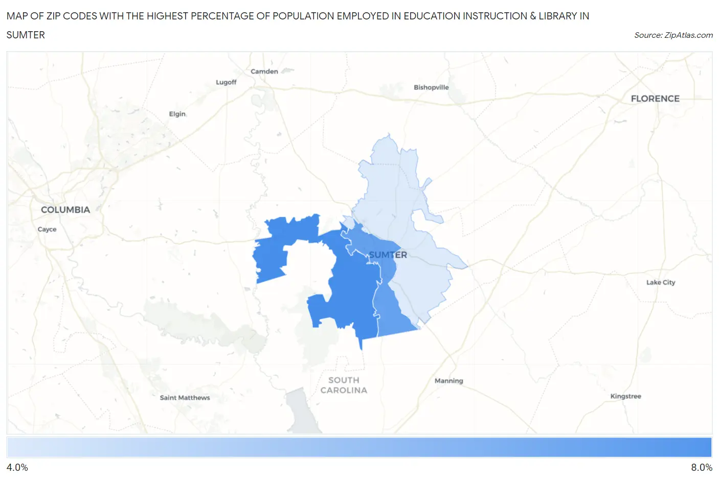 Zip Codes with the Highest Percentage of Population Employed in Education Instruction & Library in Sumter Map