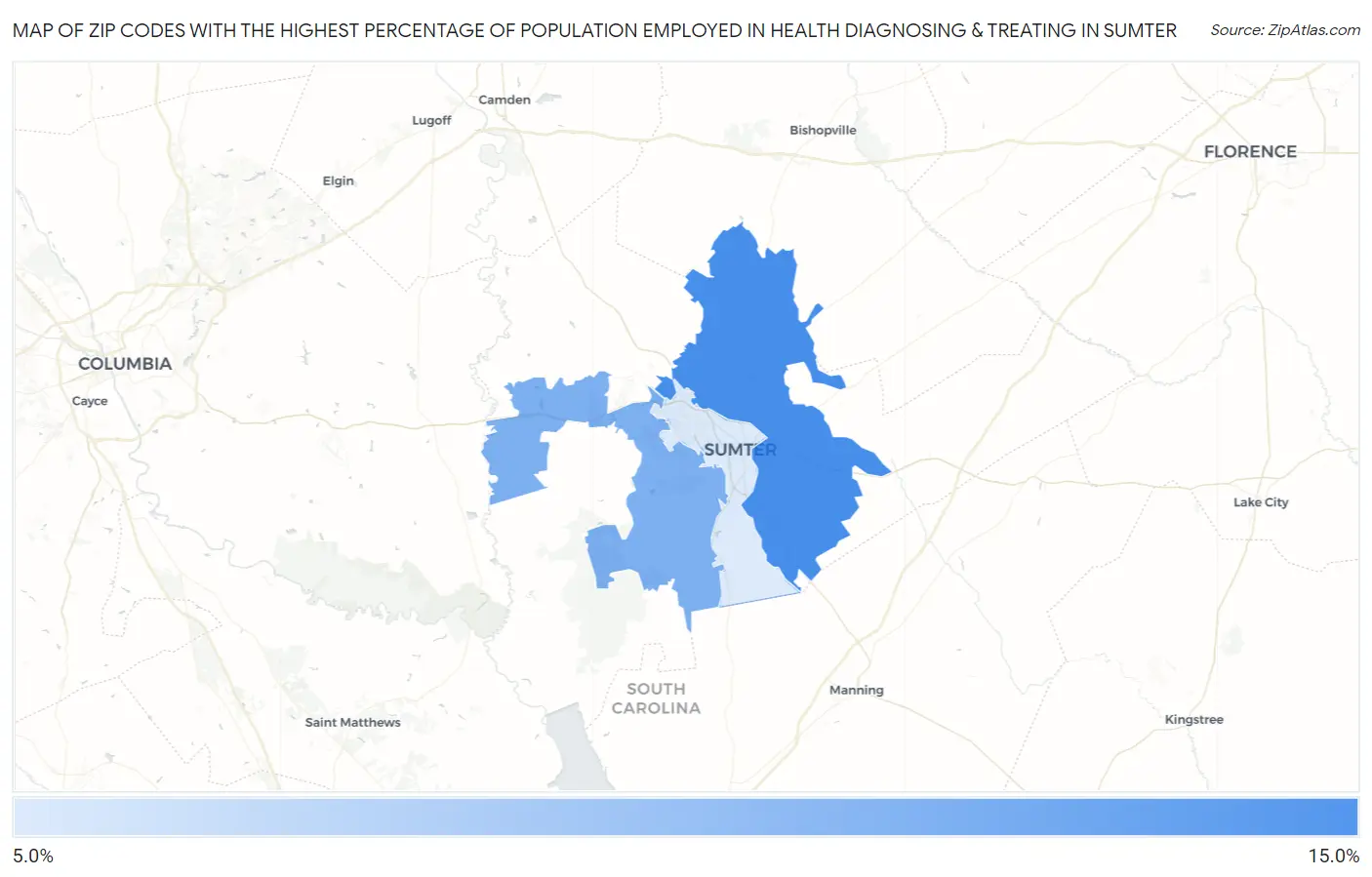 Zip Codes with the Highest Percentage of Population Employed in Health Diagnosing & Treating in Sumter Map