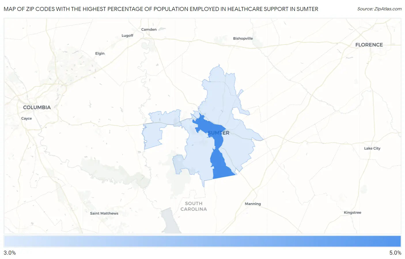 Zip Codes with the Highest Percentage of Population Employed in Healthcare Support in Sumter Map