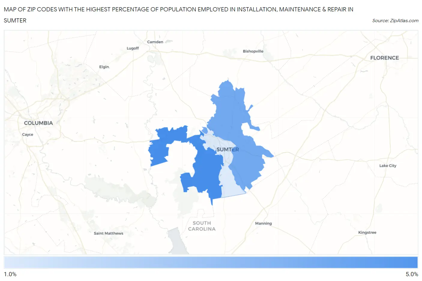 Zip Codes with the Highest Percentage of Population Employed in Installation, Maintenance & Repair in Sumter Map