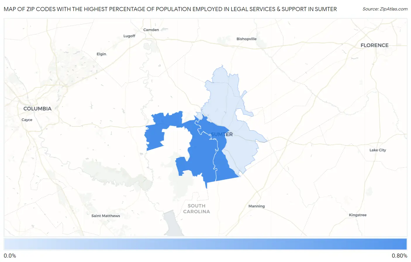 Zip Codes with the Highest Percentage of Population Employed in Legal Services & Support in Sumter Map