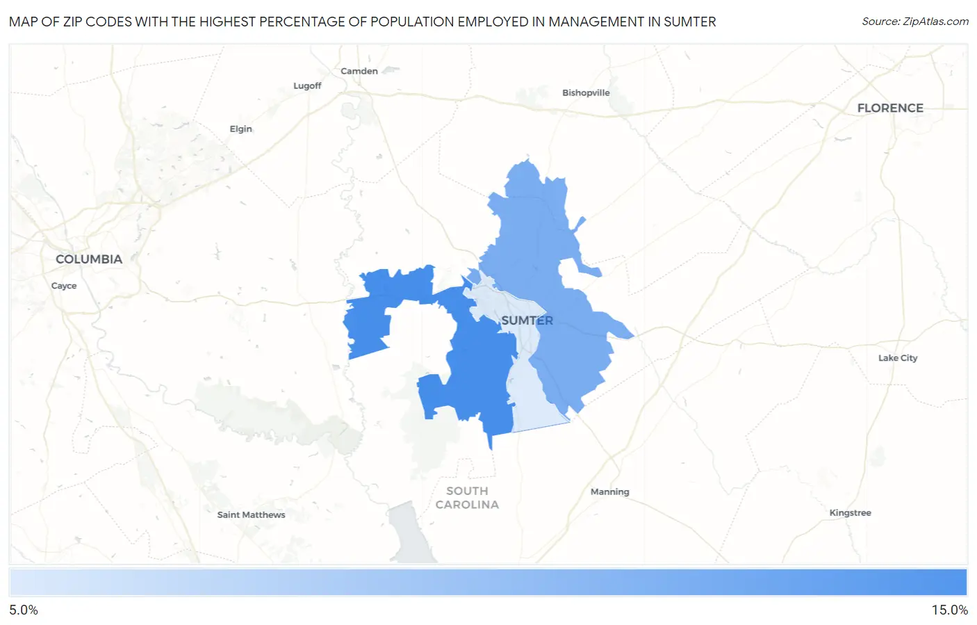 Zip Codes with the Highest Percentage of Population Employed in Management in Sumter Map