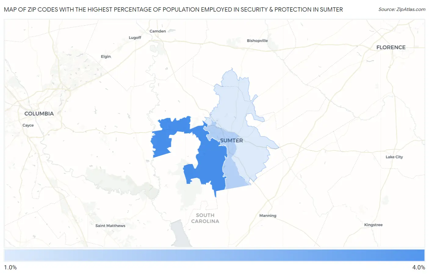 Zip Codes with the Highest Percentage of Population Employed in Security & Protection in Sumter Map