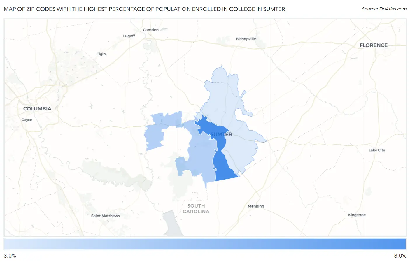 Zip Codes with the Highest Percentage of Population Enrolled in College in Sumter Map