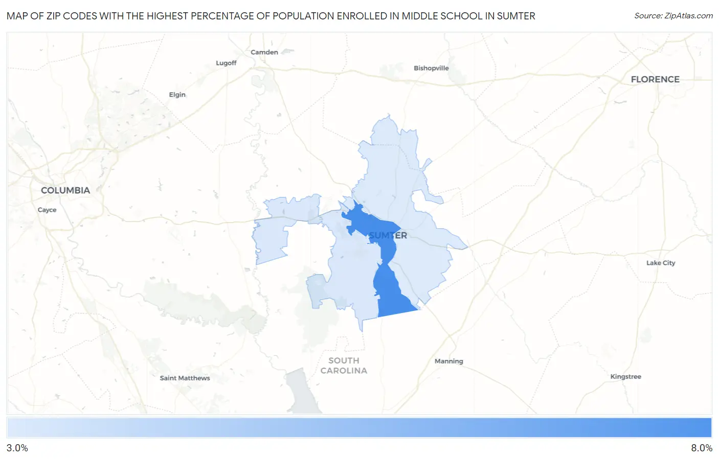 Zip Codes with the Highest Percentage of Population Enrolled in Middle School in Sumter Map