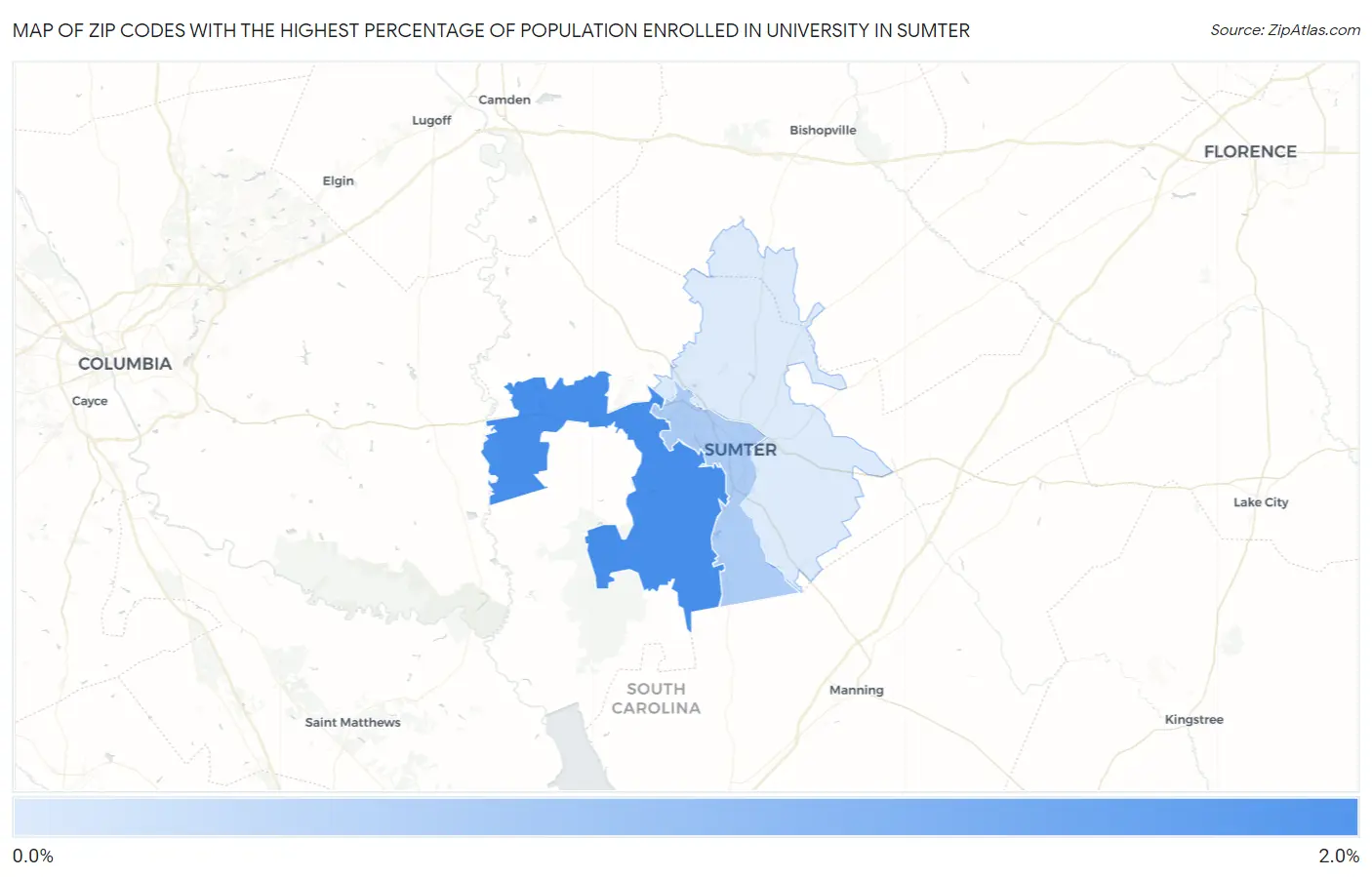 Zip Codes with the Highest Percentage of Population Enrolled in University in Sumter Map
